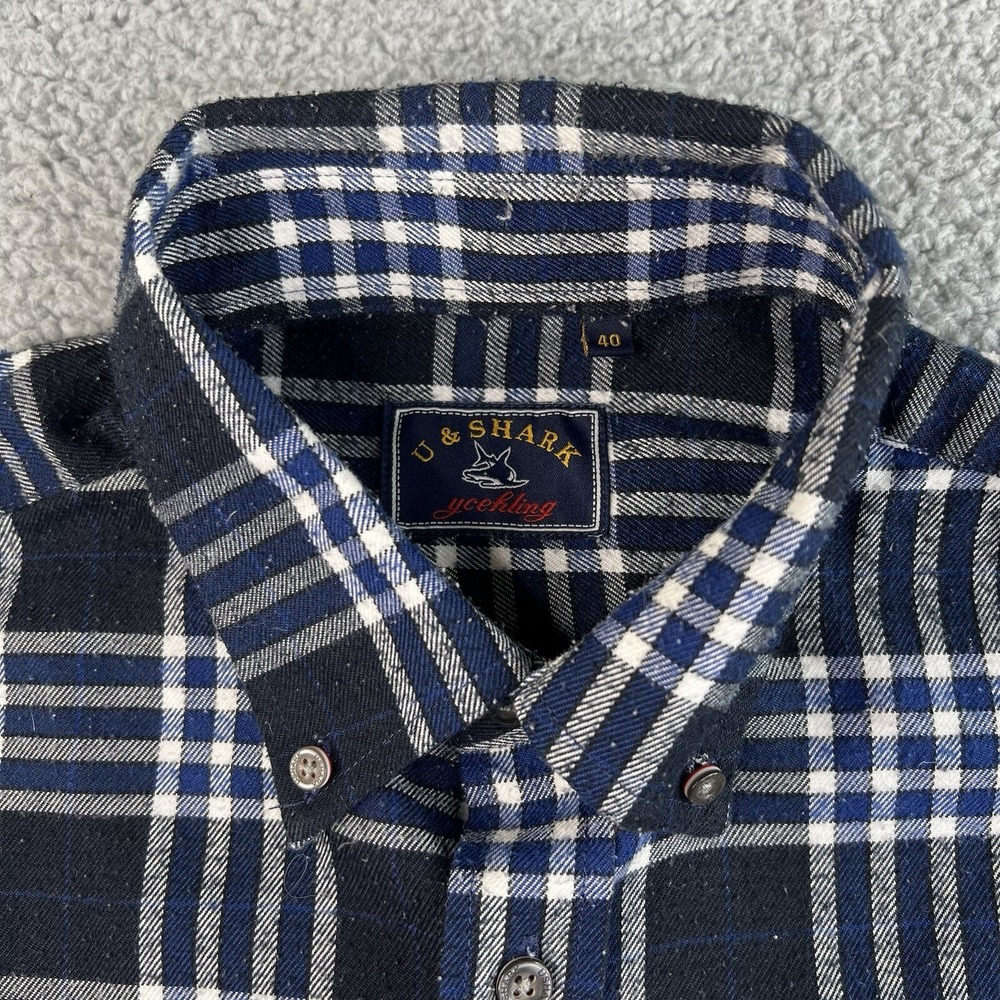 U & Shark Mens Shirt Yachting Royal Flannel Long Sleeve Size 40/Large Plaid - Picture 8 of 11